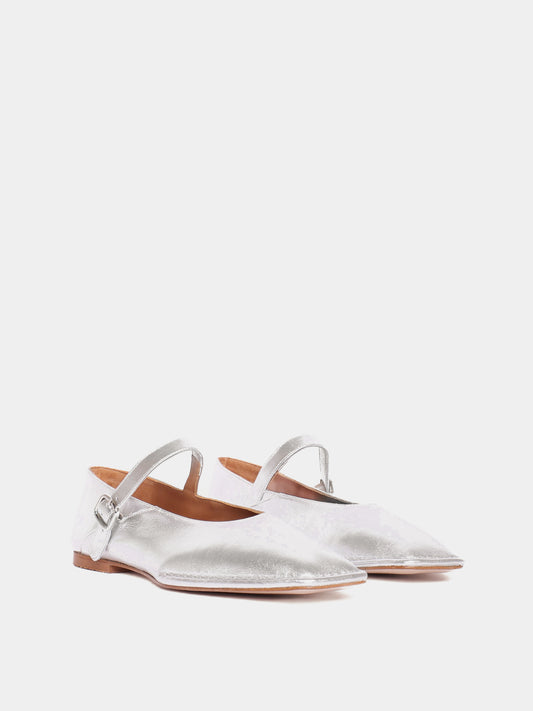Silver mary-jane flats with a square toe