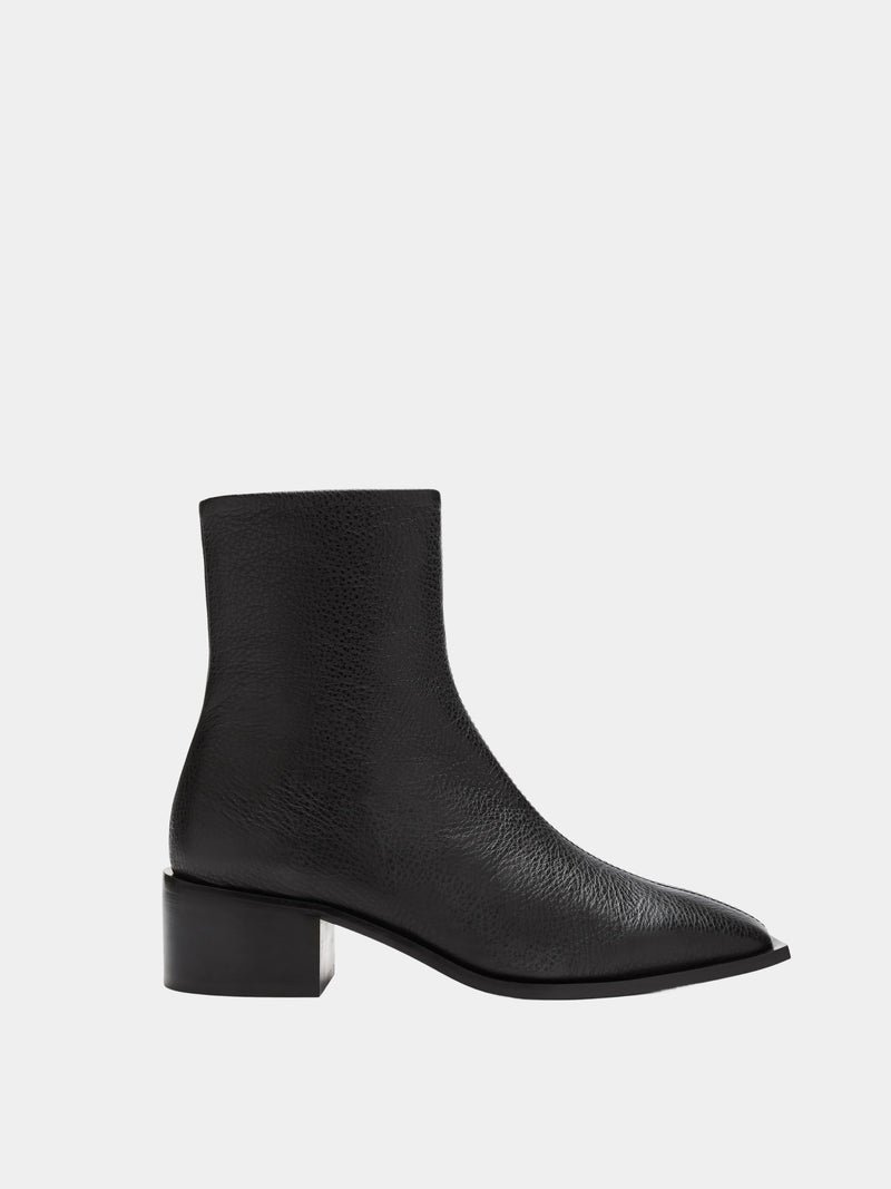 black leather ankle boot with square heel and toe shape