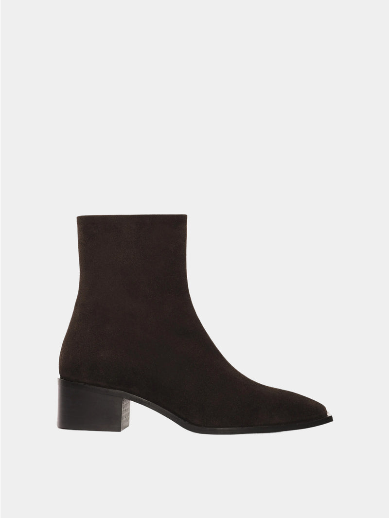 brown suede ankle boot with square heel and toe shape