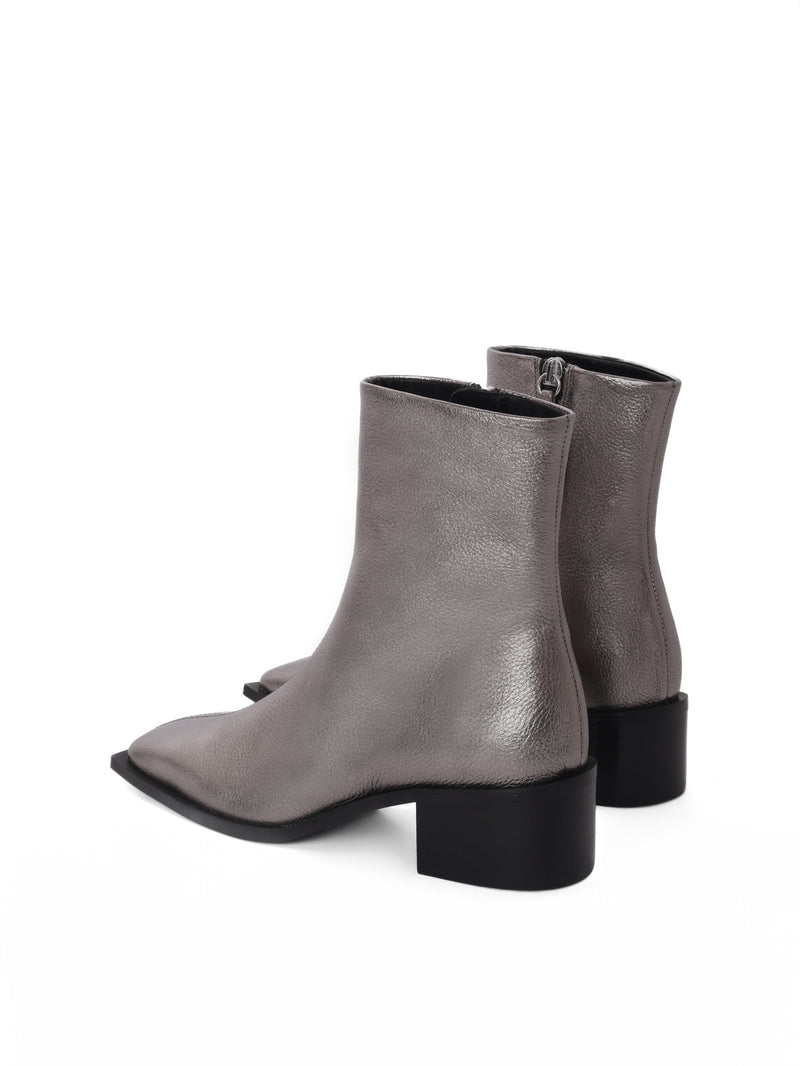 Silver leather ankle boots with a block heel
