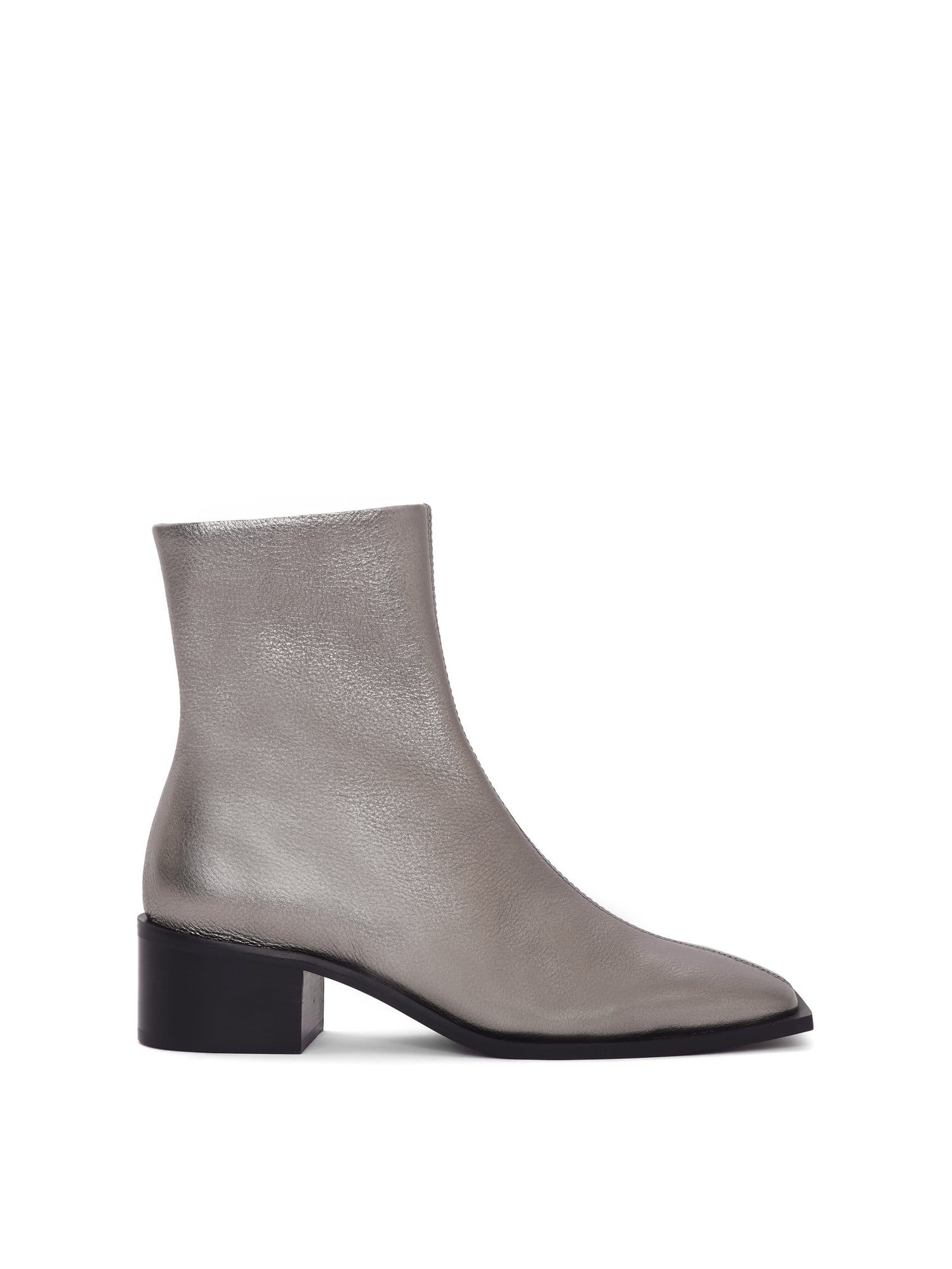 Silver leather ankle boot with a block heel