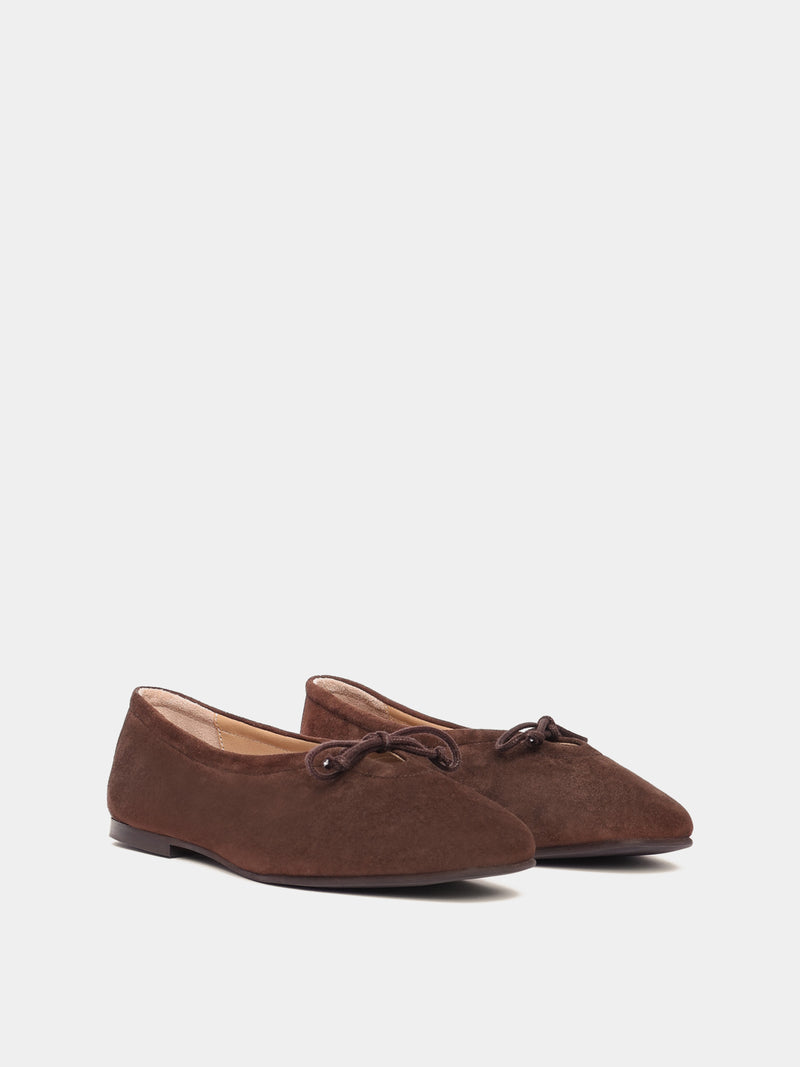Brown suede leather ballerina flats with a brown bow