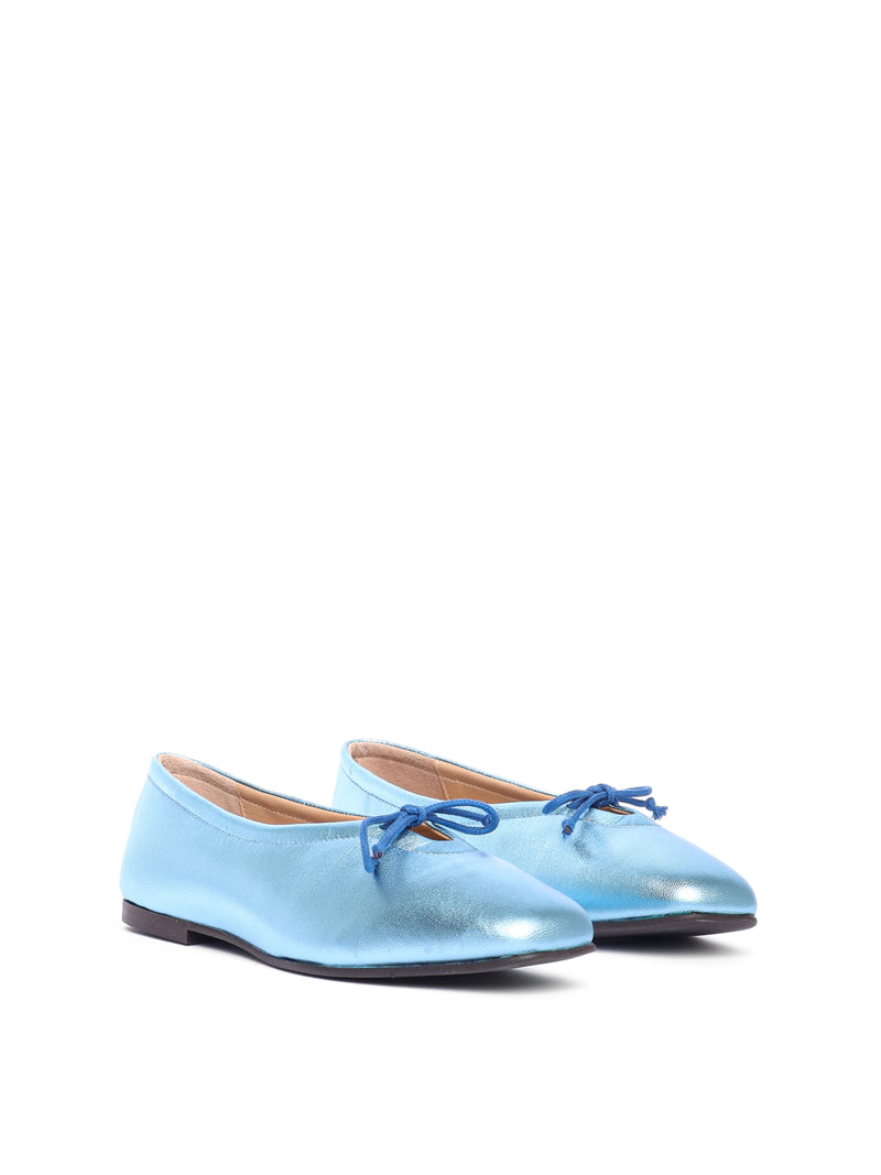 Ice blue metallic leather ballerina flats with a blue bow