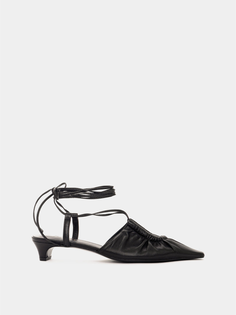 Black leather low-heeled mule with leather laces