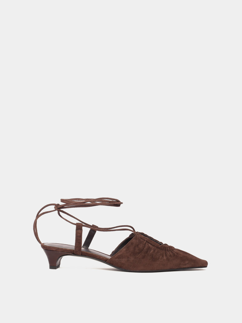 Brown suede leather low-heeled mule with leather laces