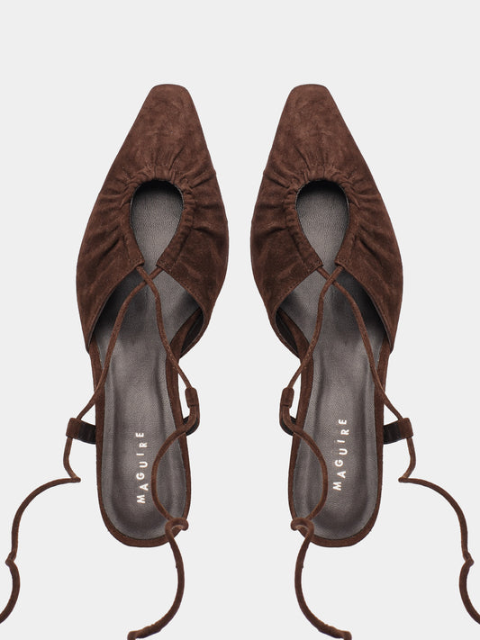 Brown suede leather low-heeled mules with leather laces