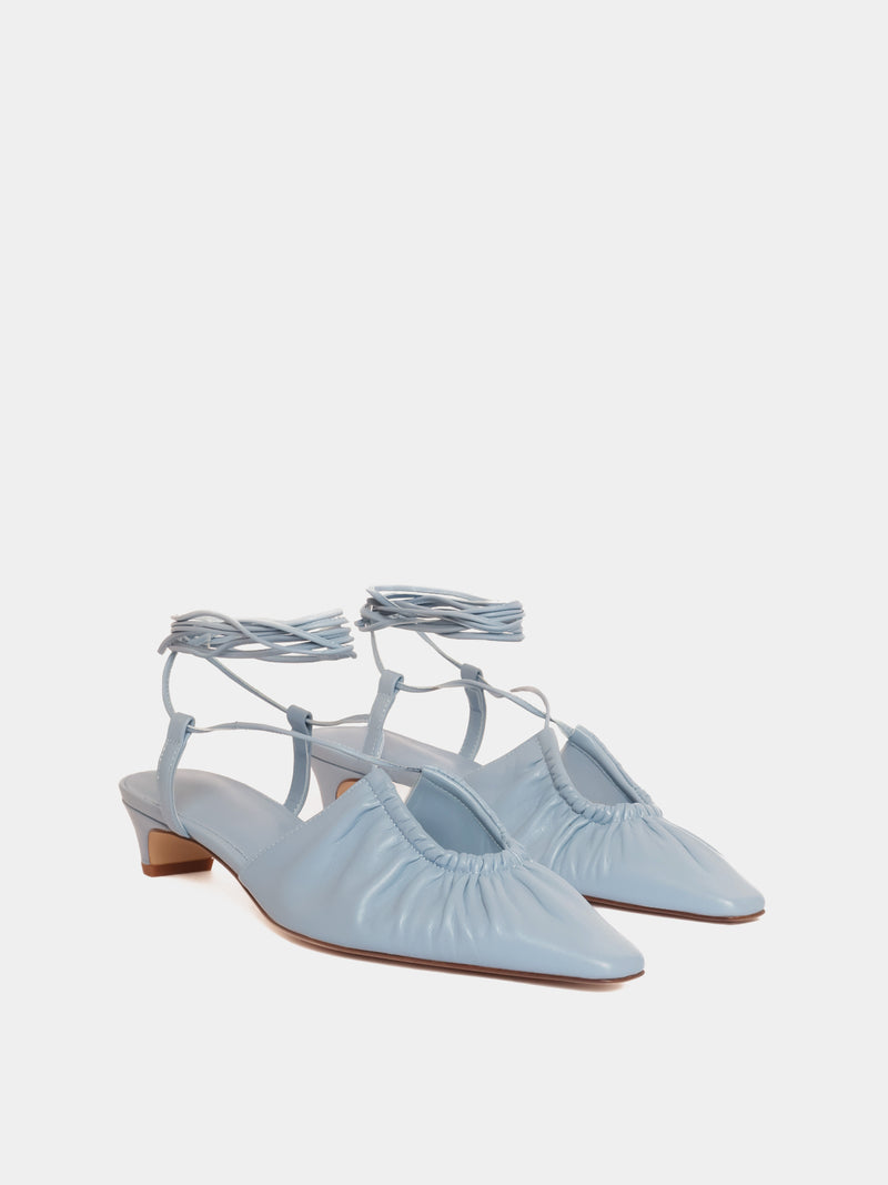 denim blue lace-up mule