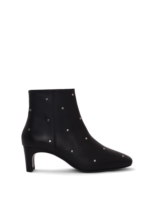 Black leather ankle boot with silver studs and a medium heel