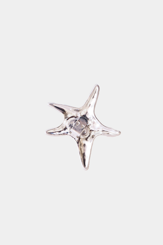 Ecom image of a silver shoe clip shaped as a star, textured. Back clasp view.