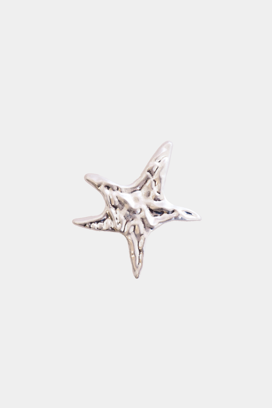 Ecom image of a silver shoe clip shaped as a star, textured.