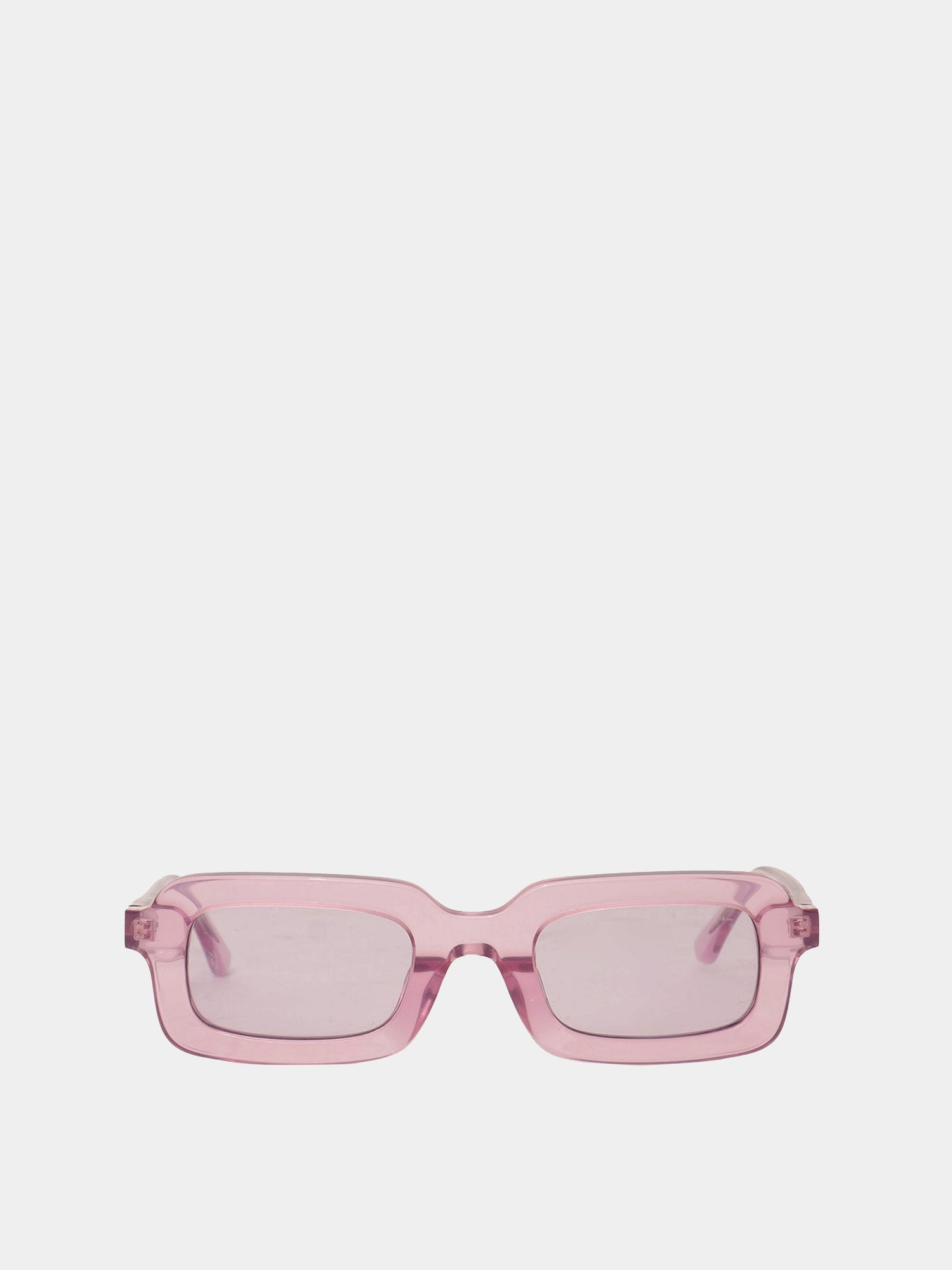 Rectangle shaped sunglasses in a light purple translucent plastic colour.