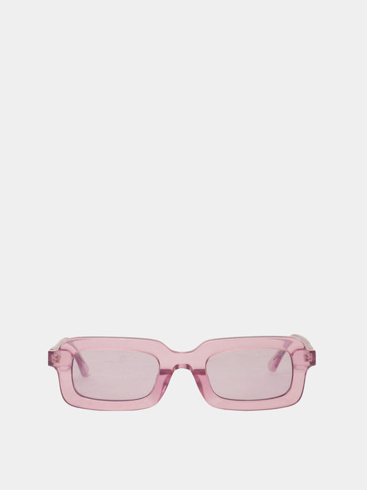 Rectangle shaped sunglasses in a light purple translucent plastic colour.