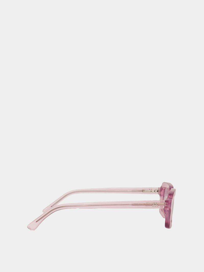 Rectangle shaped sunglasses in a light purple translucent plastic colour.