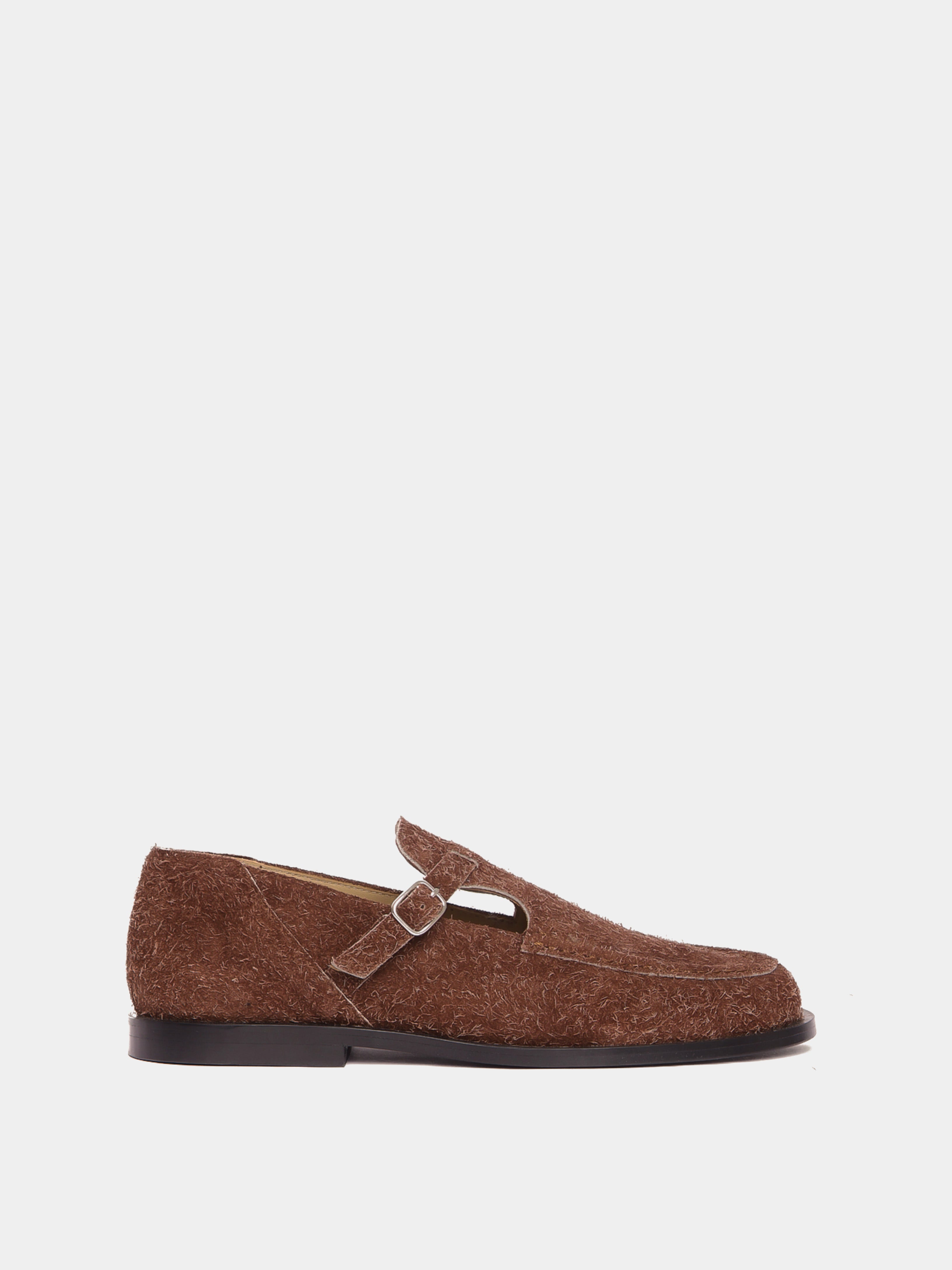 Flat mary-jane brushed suede shoe in a brown colour
