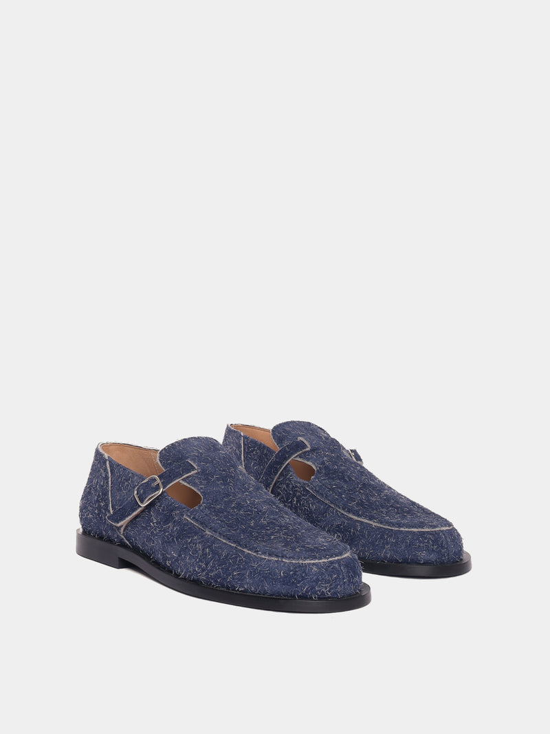 Flat mary-jane brushed suede shoe in a navy colour