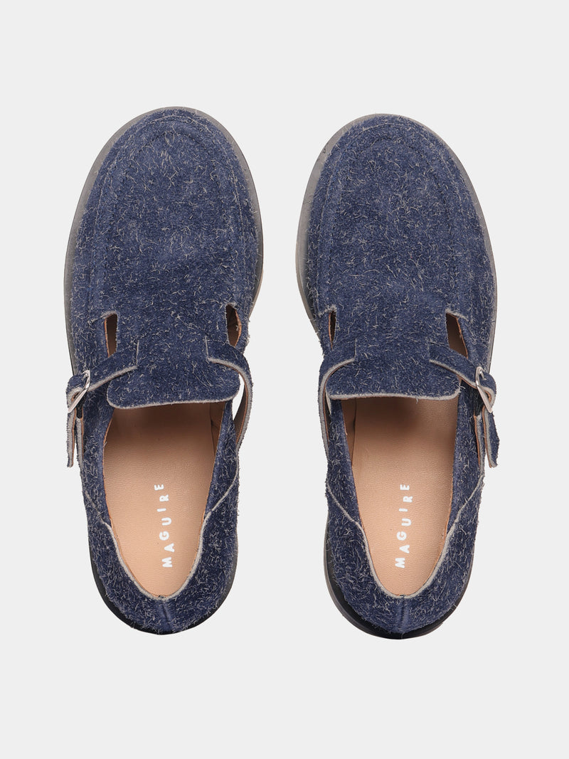 Flat mary-jane brushed suede shoe in a navy colour