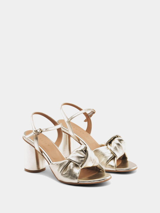 Gold metallic ankle strap heel with knotted upper