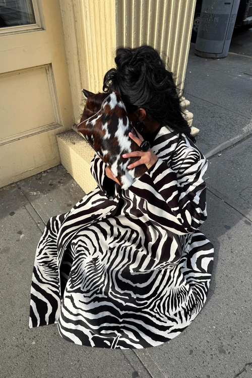 Person wearing a zebra-patterned coat sitting on a sidewalk with a dog and a Carpi Handbag.